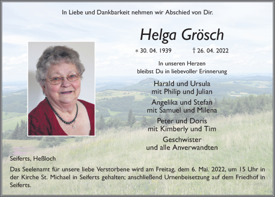 Traueranzeige von Helga Grösch von FZ