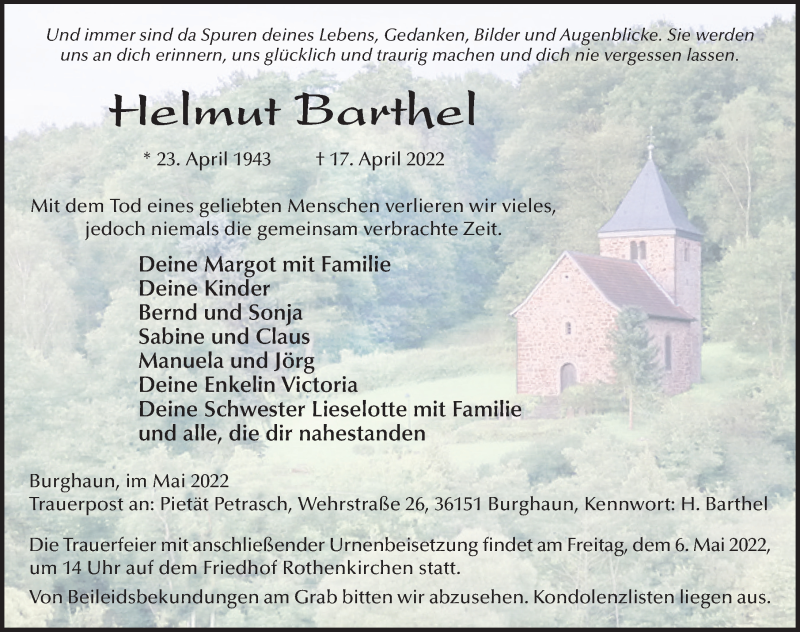 Traueranzeige für Helmut Barthel vom 02.05.2022 aus FZ