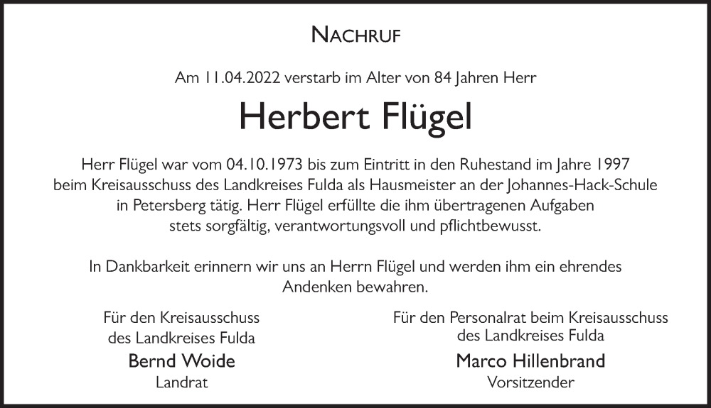  Traueranzeige für Herbert Flügel vom 04.05.2022 aus FZ