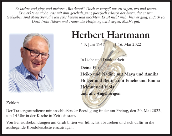 Traueranzeige von Herbert Hartmann von FZ