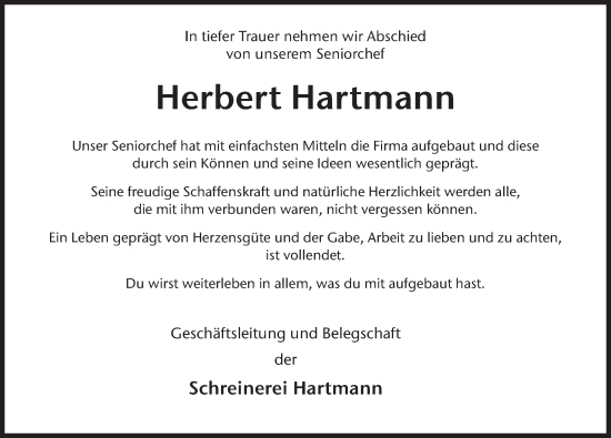 Traueranzeige von Herbert Hartmann von FZ