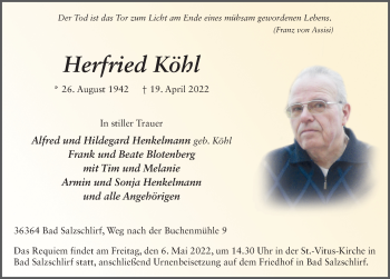 Traueranzeige von Herfried Köhl von FZ