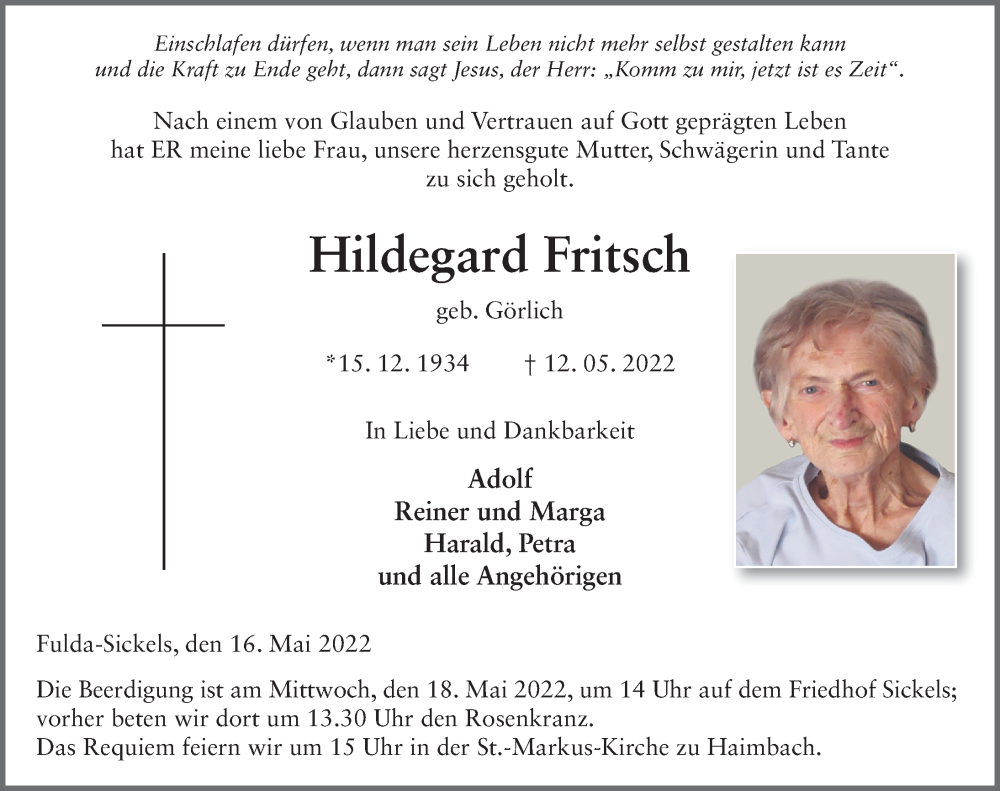  Traueranzeige für Hildegard Fritsch vom 16.05.2022 aus FZ