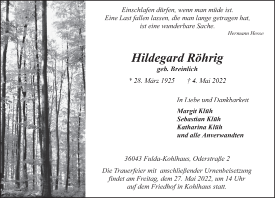 Traueranzeige von Hildegard Röhrig von FZ