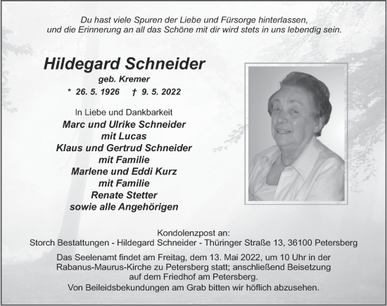 Traueranzeige von Hildegard Schneider von FZ