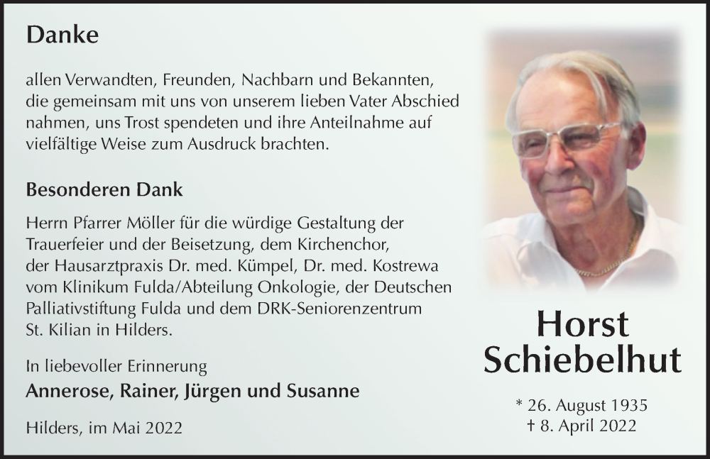  Traueranzeige für Horst Schiebelhut vom 28.05.2022 aus FZ
