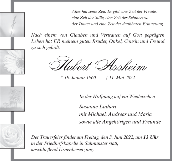 Traueranzeige von Hubert Assheim von FZ