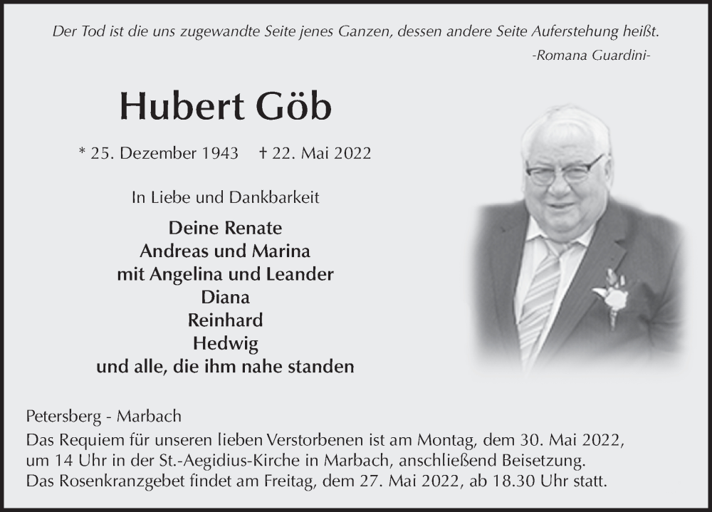  Traueranzeige für Hubert Göb vom 25.05.2022 aus FZ