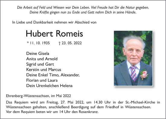 Traueranzeige von Hubert Romeis von FZ