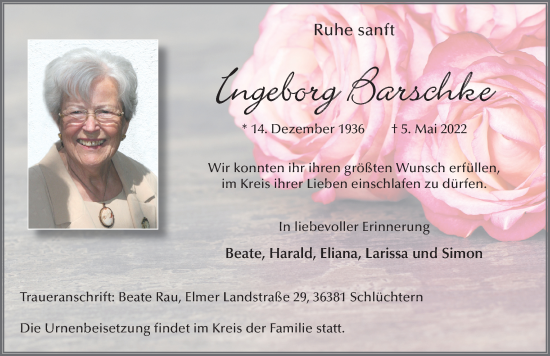 Traueranzeige von Ingeborg Barschke von FZ