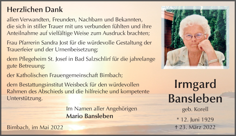  Traueranzeige für Irmgard Bansleben vom 03.05.2022 aus FZ