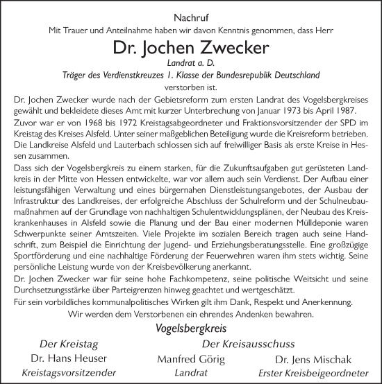 Traueranzeige von Jochen Zwecker von FZ