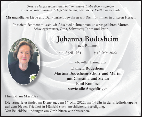 Traueranzeige von Johanna Bodesheim von FZ