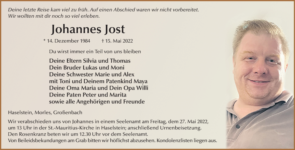  Traueranzeige für Johannes Jost vom 24.05.2022 aus FZ