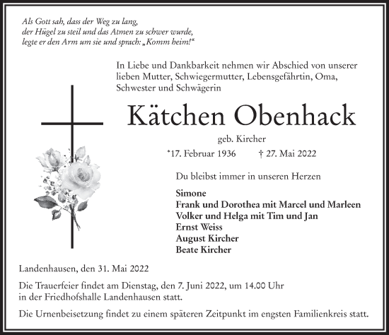 Traueranzeige von Kätchen Obenhack von FZ