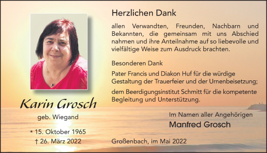 Traueranzeige von Karin Grosch von FZ