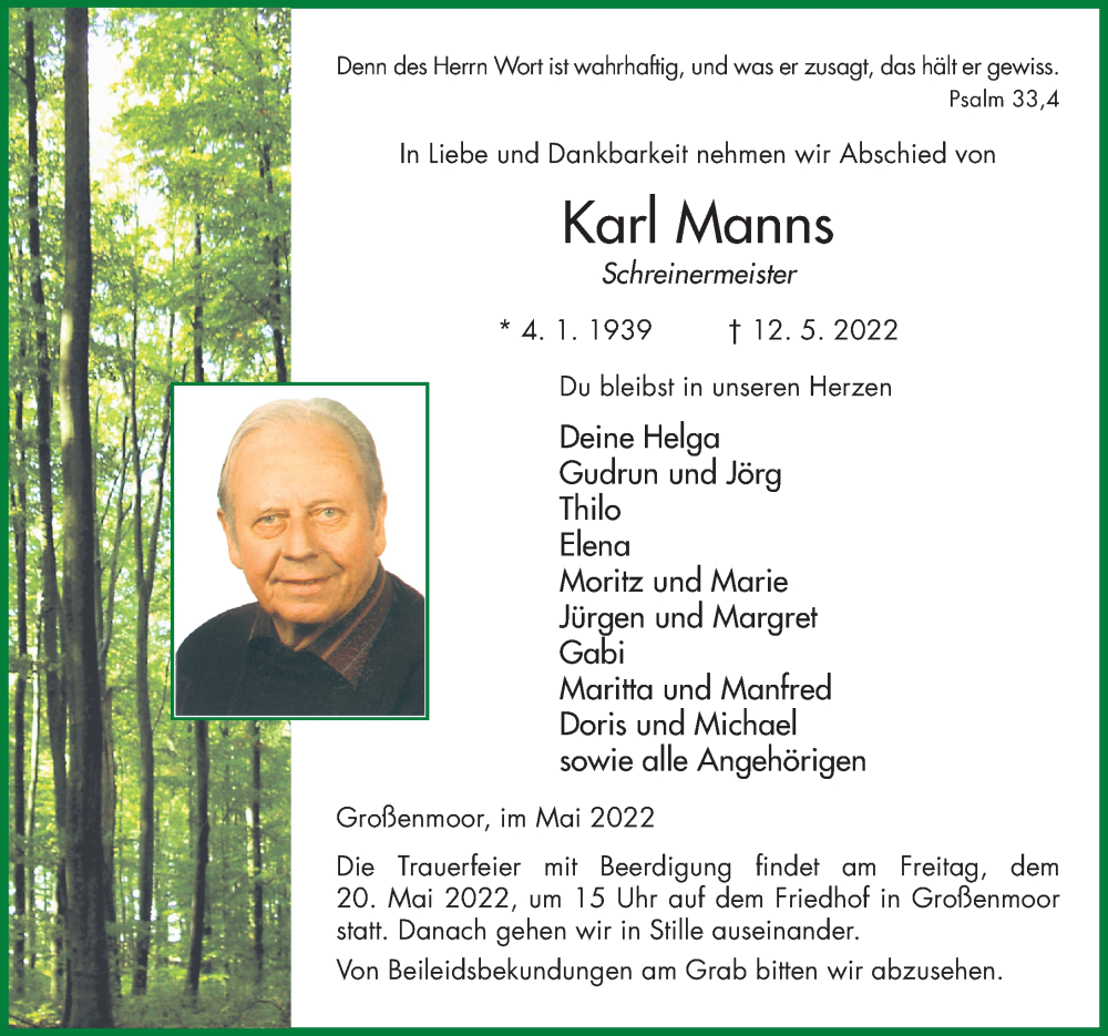  Traueranzeige für Karl Manns vom 17.05.2022 aus FZ