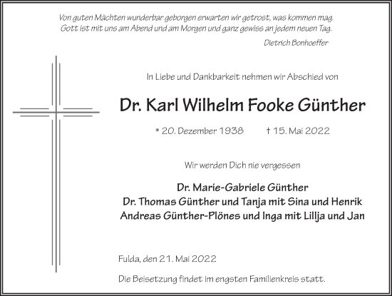 Traueranzeige von Karl Wilhelm Fooke Günther von FZ