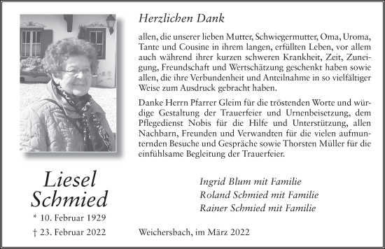 Traueranzeige von Liesel Schmied von FZ