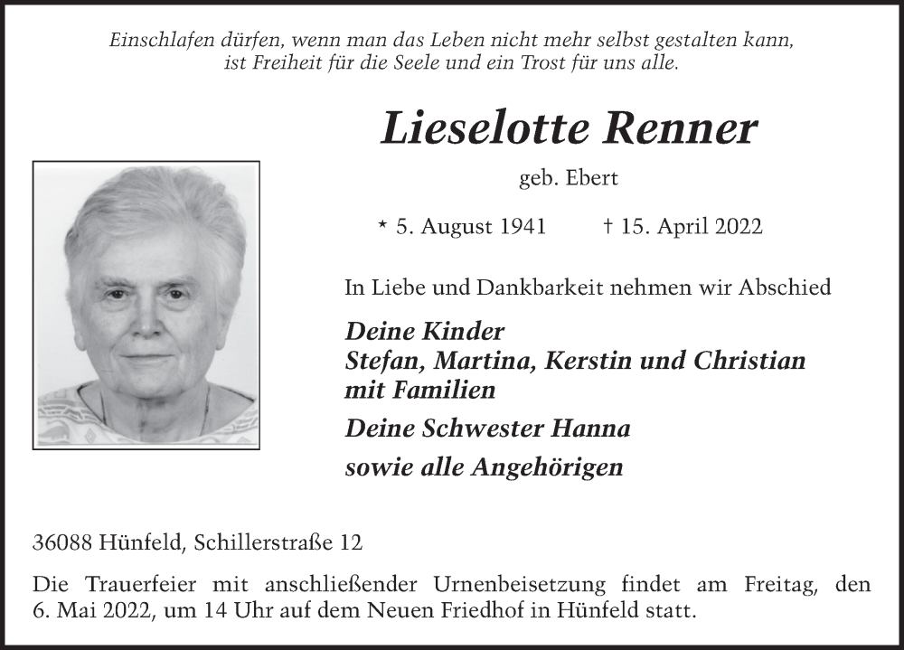  Traueranzeige für Lieselotte Renner vom 04.05.2022 aus FZ