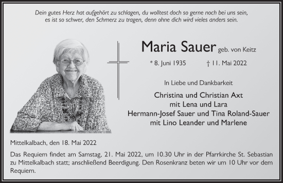 Traueranzeige von Maria Sauer von FZ