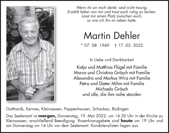 Traueranzeige von Martin Dehler von FZ