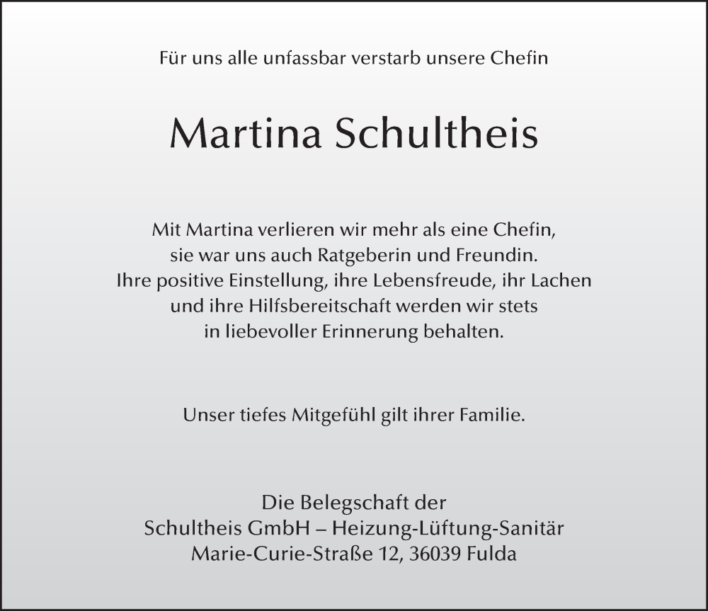  Traueranzeige für Martina Schultheis vom 18.05.2022 aus FZ