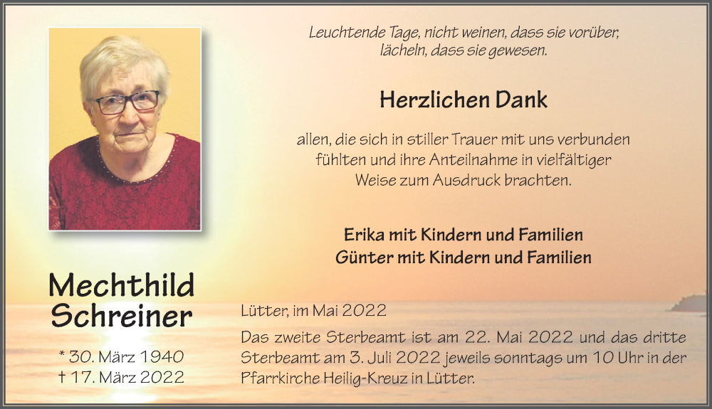  Traueranzeige für Mechthild Schreiner vom 17.05.2022 aus FZ