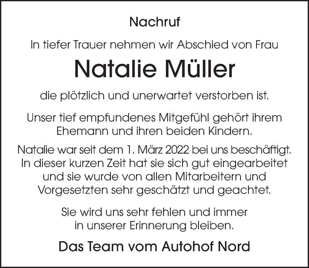  Traueranzeige für Natalie Müller vom 28.05.2022 aus FZ