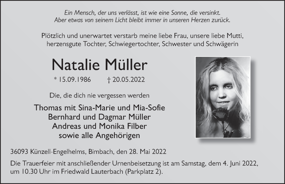  Traueranzeige für Natalie Müller vom 28.05.2022 aus FZ