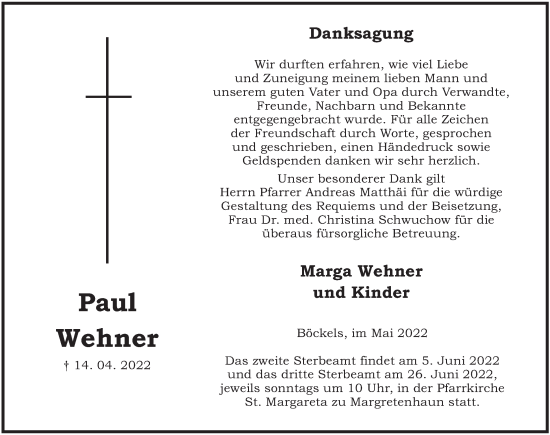 Traueranzeige von Paul Wehner von FZ