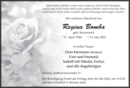 Traueranzeige von Regina Bomba von FZ