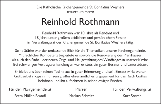 Traueranzeige von Reinhold Rothmann von FZ