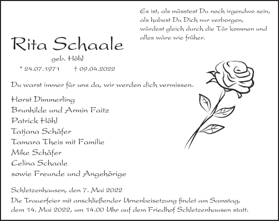 Traueranzeige von Rita Schaale von FZ
