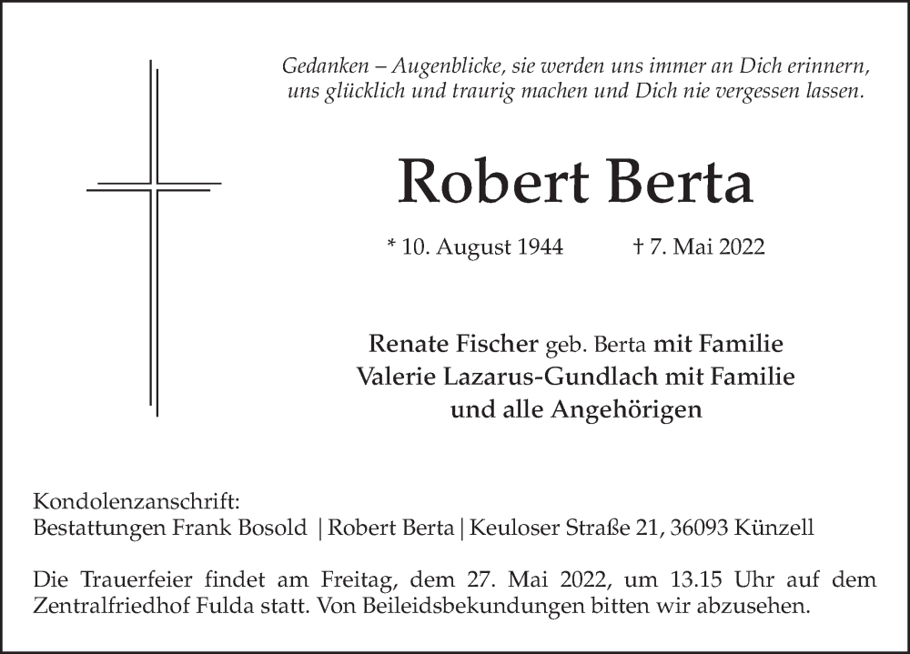  Traueranzeige für Robert Berta vom 21.05.2022 aus FZ