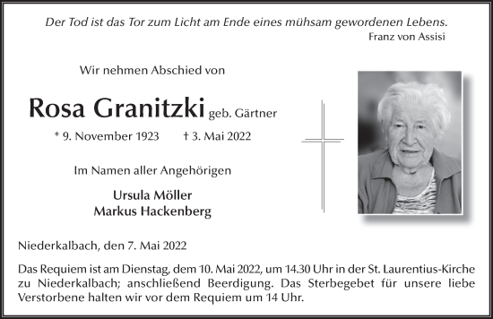 Traueranzeige von Rosa Granitzki von FZ