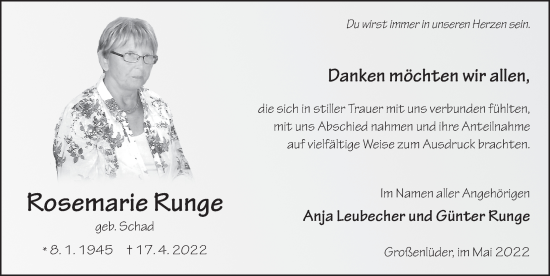 Traueranzeige von Rosemarie Runge von FZ