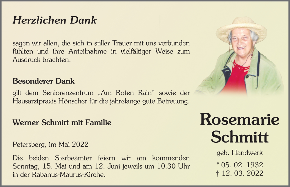  Traueranzeige für Rosemarie Schmitt vom 12.05.2022 aus FZ