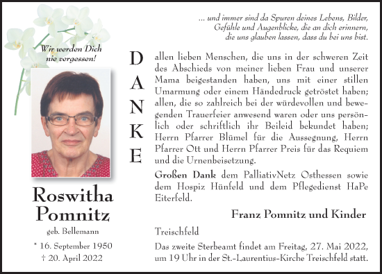 Traueranzeige von Roswitha Pomnitz von FZ