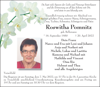 Traueranzeige von Roswitha Pomnitz von FZ
