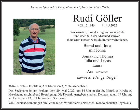 Traueranzeige von Rudi Göller von FZ
