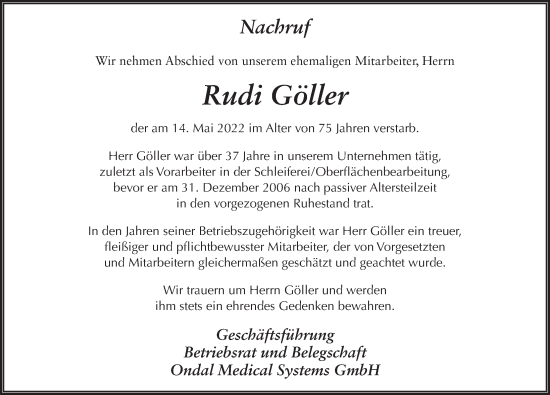 Traueranzeige von Rudi Göller von FZ