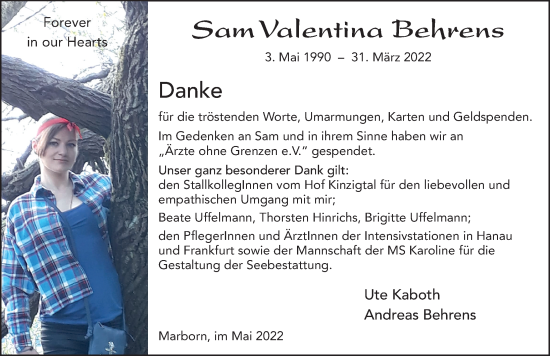 Traueranzeige von Sam Valentina Behrens von FZ
