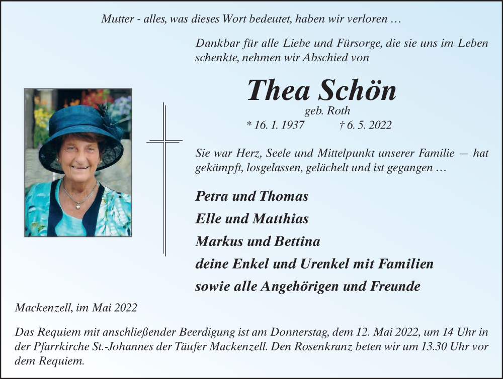  Traueranzeige für Thea Schön vom 10.05.2022 aus FZ