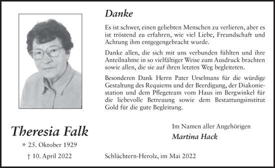Traueranzeige von Theresia Falk von FZ