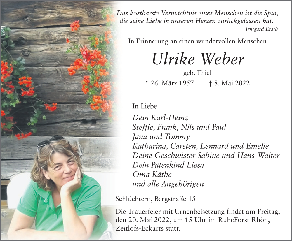  Traueranzeige für Ulrike Weber vom 19.05.2022 aus FZ