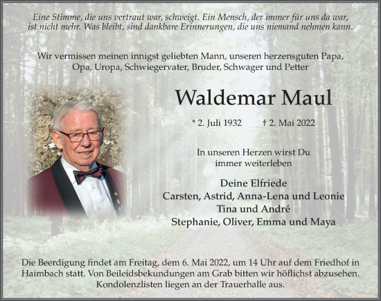 Traueranzeige von Waldemar Maul von FZ