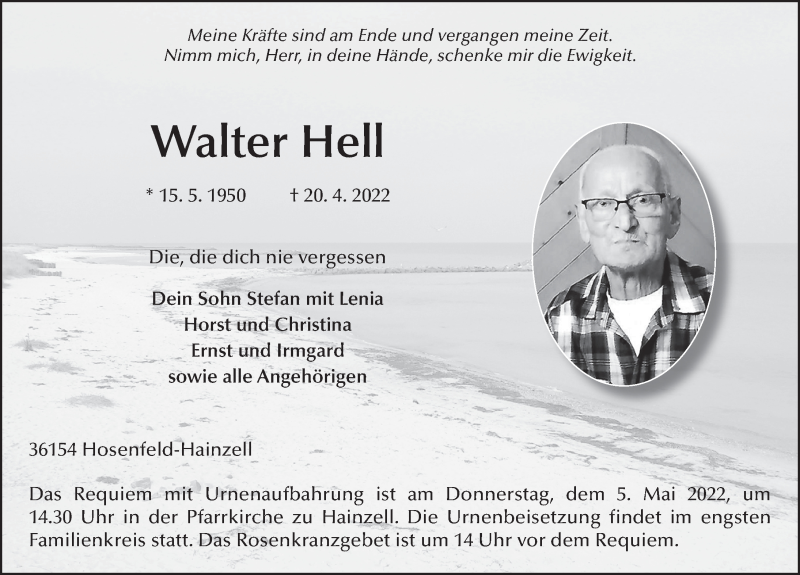  Traueranzeige für Walter Hell vom 02.05.2022 aus FZ