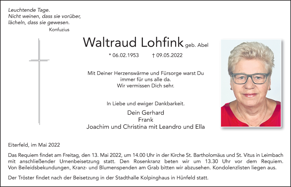  Traueranzeige für Waltraud Lohfink vom 11.05.2022 aus FZ