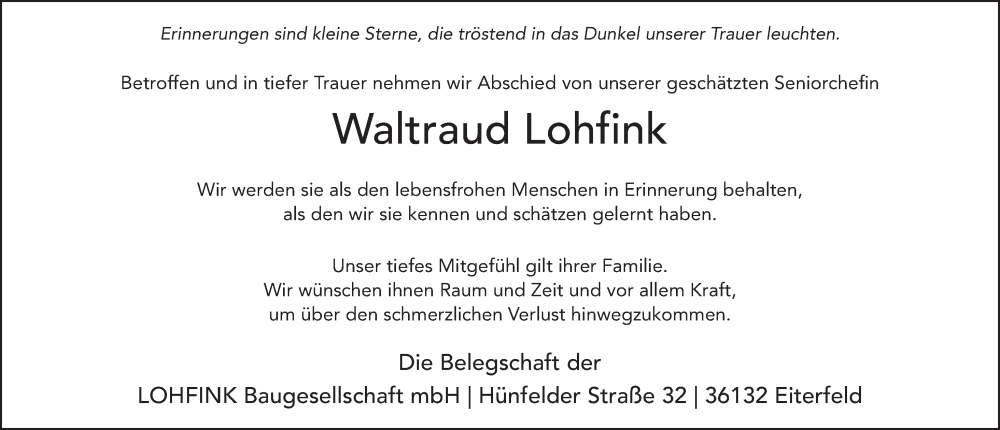  Traueranzeige für Waltraud Lohfink vom 11.05.2022 aus FZ